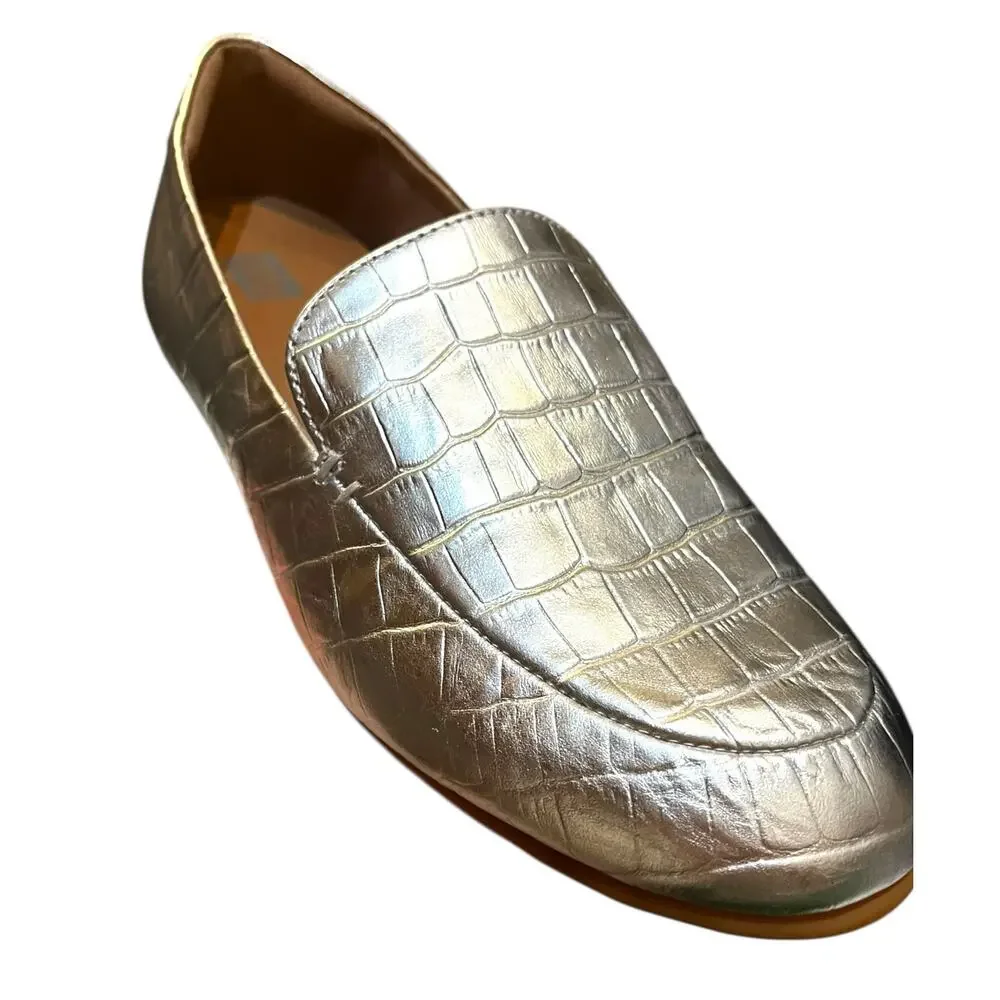 NWOT Fitflop Metallic Silver Croc-Embossed Slip-On Loafers.